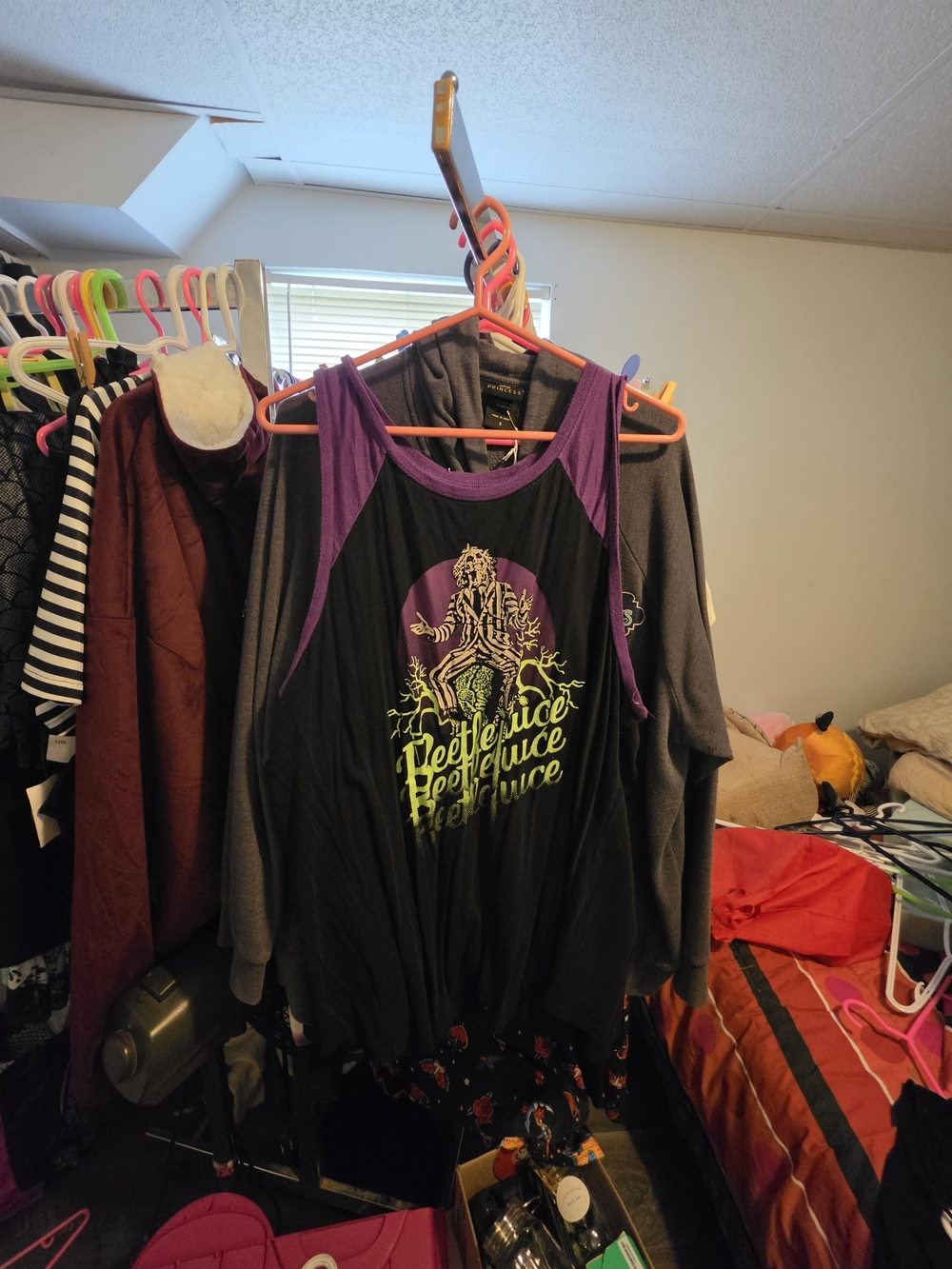 Black Tank Top with Purple Trim and Neon Green Graphic Of Beetlejuice